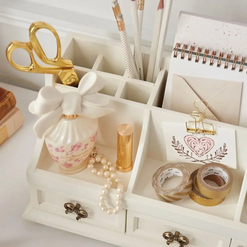 LoveShackFancy Regency Beauty Organizer White Gold Bow 3 Drawers Makeup Holder